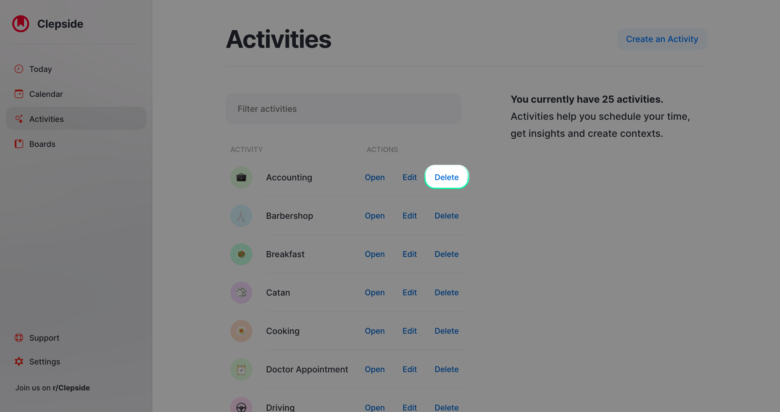 **Click the Delete** on the activity you want to delete