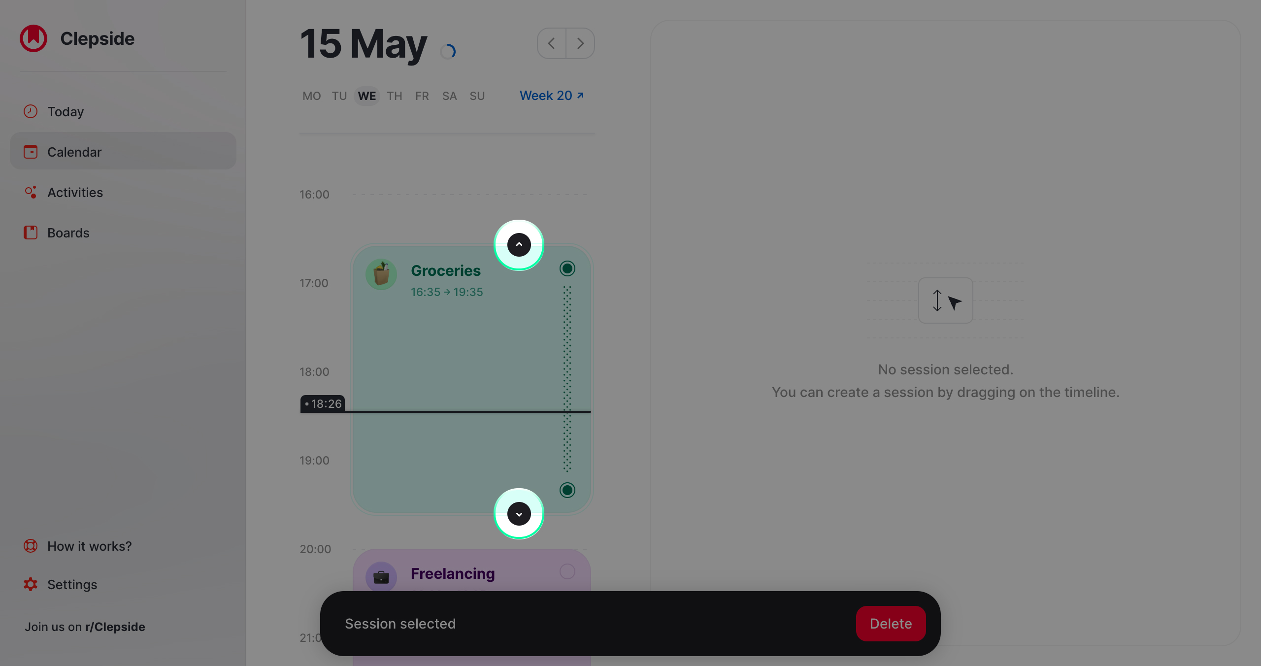 **Drag one of the arrows** to resize the session